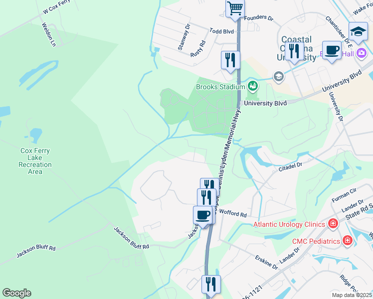 map of restaurants, bars, coffee shops, grocery stores, and more near 1019 Buccaneers Cove in Conway