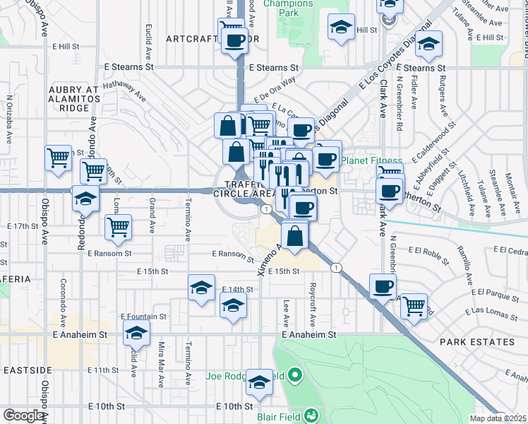 map of restaurants, bars, coffee shops, grocery stores, and more near 4404 California 1 in Long Beach