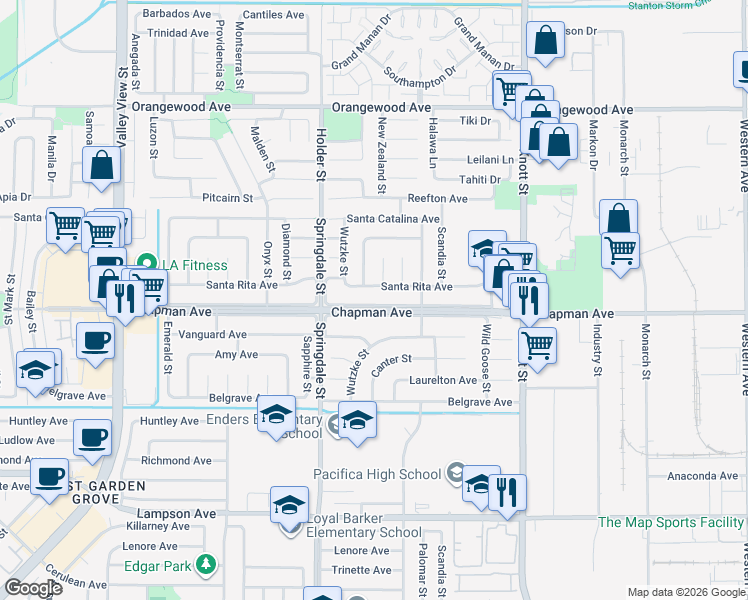 map of restaurants, bars, coffee shops, grocery stores, and more near 6631 Chapman Avenue in Garden Grove
