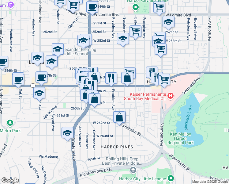 map of restaurants, bars, coffee shops, grocery stores, and more near 1520 California 1 in Los Angeles