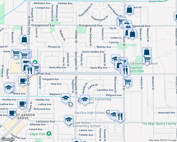 map of restaurants, bars, coffee shops, grocery stores, and more near 6631 Chapman Avenue in Garden Grove