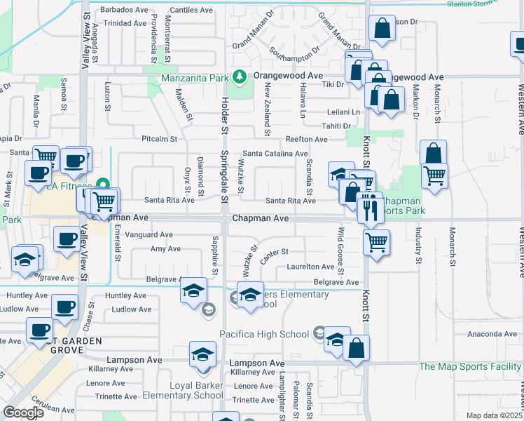 map of restaurants, bars, coffee shops, grocery stores, and more near 6631 Chapman Avenue in Garden Grove