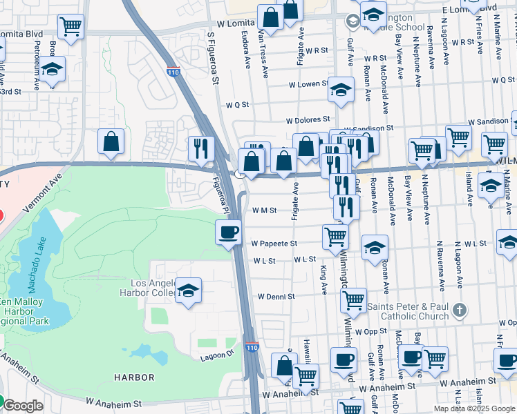 map of restaurants, bars, coffee shops, grocery stores, and more near 1307 West M Street in Los Angeles