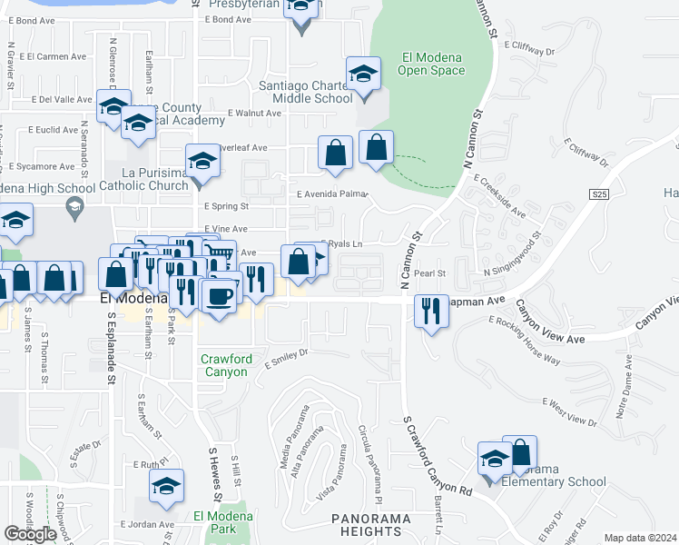 map of restaurants, bars, coffee shops, grocery stores, and more near Hays Drive in Orange