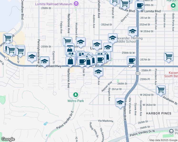 map of restaurants, bars, coffee shops, grocery stores, and more near 2068 California 1 in Lomita