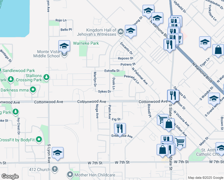 map of restaurants, bars, coffee shops, grocery stores, and more near 188 Dusk Lane in San Jacinto