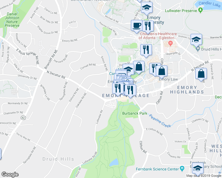 map of restaurants, bars, coffee shops, grocery stores, and more near 1303 Oakdale Road Northeast in Atlanta