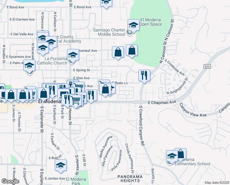 map of restaurants, bars, coffee shops, grocery stores, and more near 19102 East Center Avenue in Orange