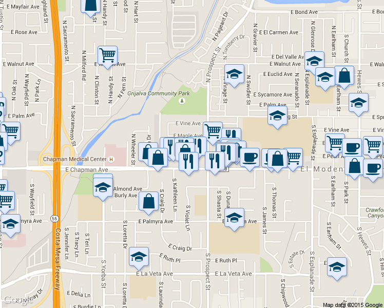 map of restaurants, bars, coffee shops, grocery stores, and more near 170 North Prospect Street in Orange