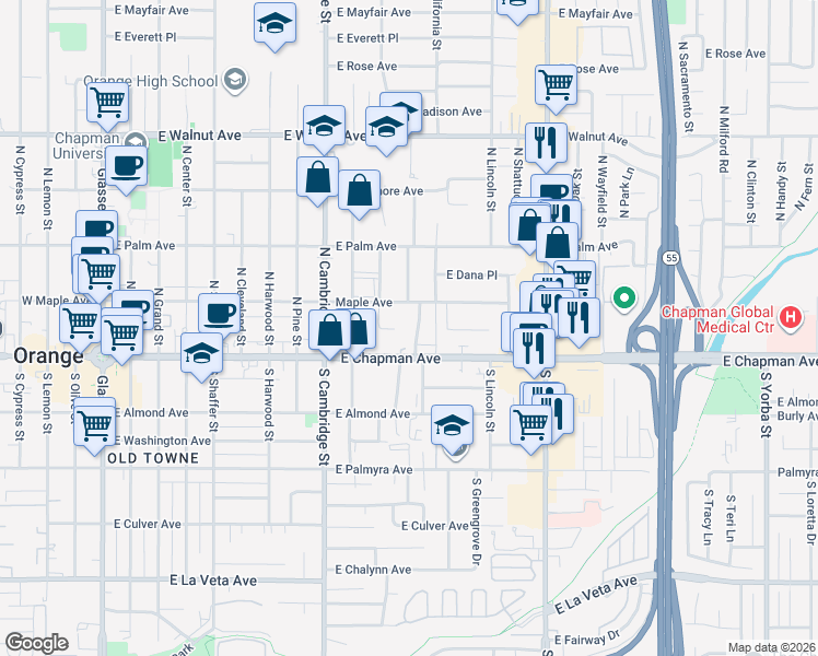 map of restaurants, bars, coffee shops, grocery stores, and more near 1133 East Maplewood Place in Orange