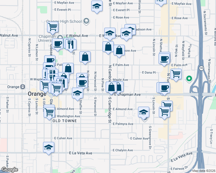 map of restaurants, bars, coffee shops, grocery stores, and more near 166 North Cambridge Street in Orange