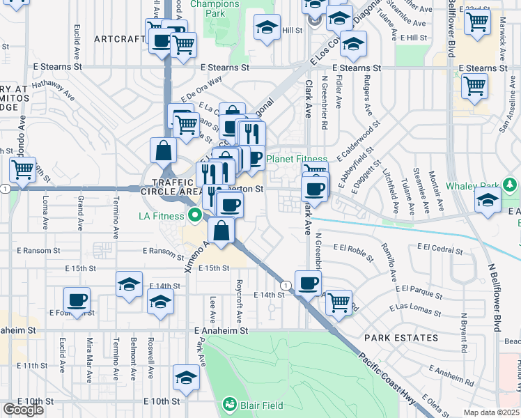 map of restaurants, bars, coffee shops, grocery stores, and more near 1741 Park Avenue in Long Beach
