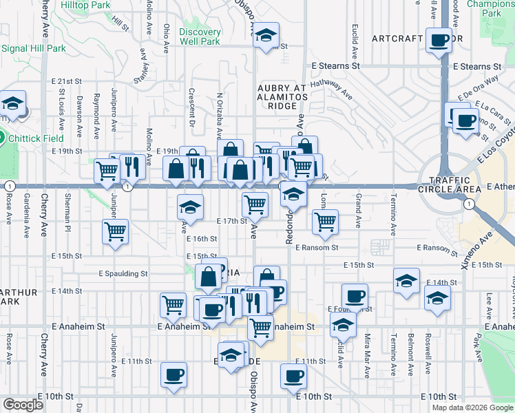 map of restaurants, bars, coffee shops, grocery stores, and more near 1749 Obispo Avenue in Long Beach