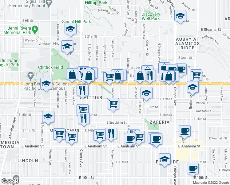 map of restaurants, bars, coffee shops, grocery stores, and more near 1747 Stanley Avenue in Long Beach