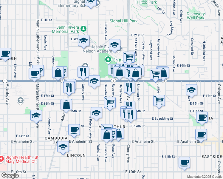 map of restaurants, bars, coffee shops, grocery stores, and more near 1749 Rose Avenue in Long Beach