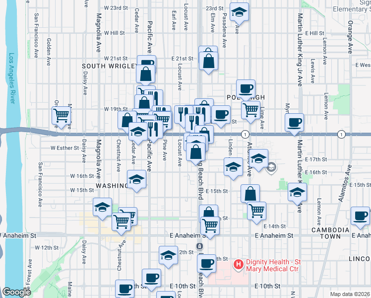 map of restaurants, bars, coffee shops, grocery stores, and more near 1750 Locust Avenue in Long Beach