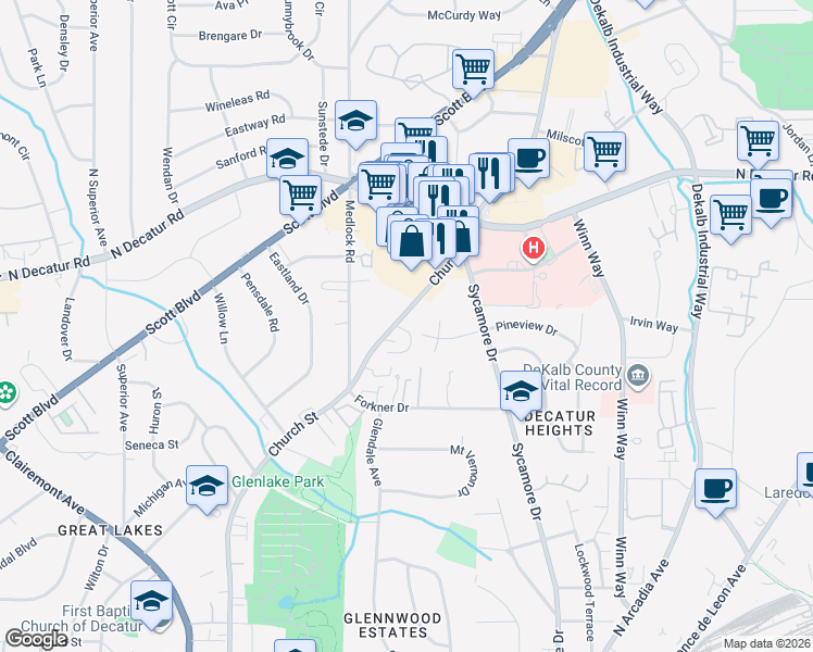 map of restaurants, bars, coffee shops, grocery stores, and more near 2456 Manor Walk in Decatur