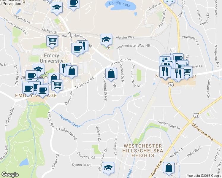 map of restaurants, bars, coffee shops, grocery stores, and more near 1810 Burlington Place Northeast in Atlanta