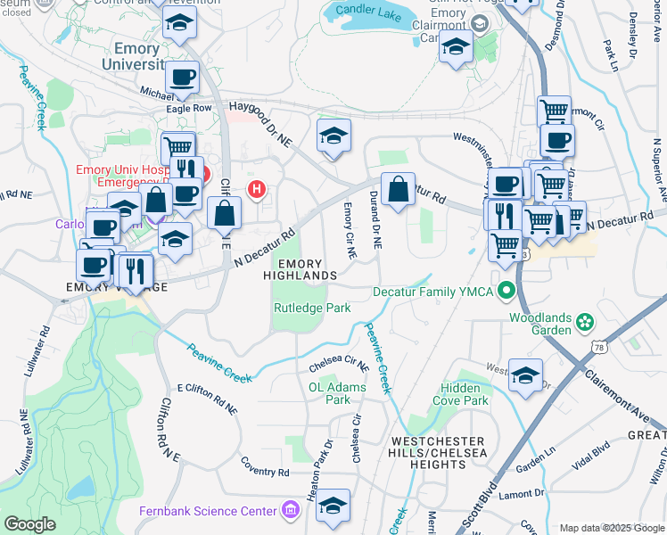 map of restaurants, bars, coffee shops, grocery stores, and more near 1870 Ridgewood Drive Northeast in Atlanta