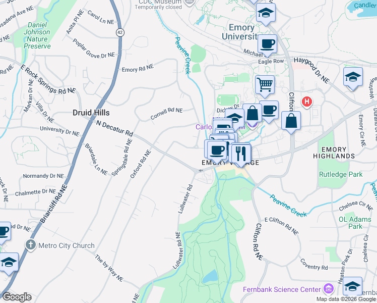 map of restaurants, bars, coffee shops, grocery stores, and more near 1287 Oakdale Road Northeast in Atlanta