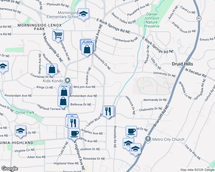 map of restaurants, bars, coffee shops, grocery stores, and more near in Atlanta