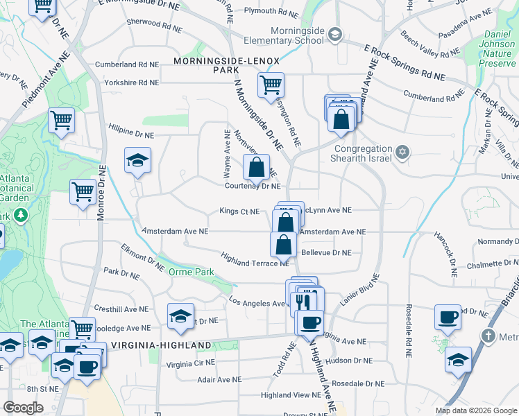 map of restaurants, bars, coffee shops, grocery stores, and more near 908 Kings Court Northeast in Atlanta