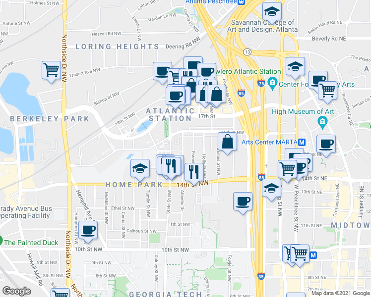 map of restaurants, bars, coffee shops, grocery stores, and more near 1253 Atlantic Drive in Atlanta
