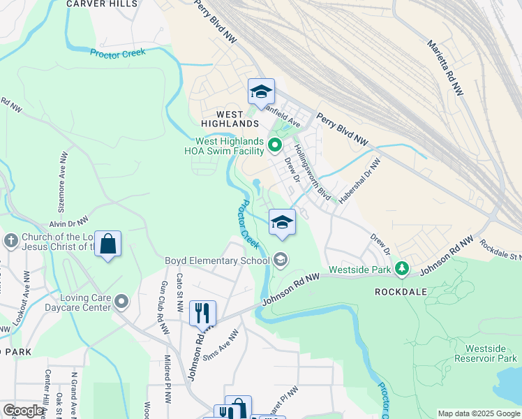 map of restaurants, bars, coffee shops, grocery stores, and more near 895 Dahlia Lane in Atlanta