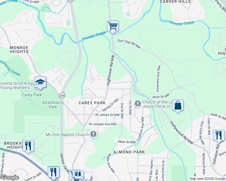 map of restaurants, bars, coffee shops, grocery stores, and more near 2480 West Avenue Northwest in Atlanta