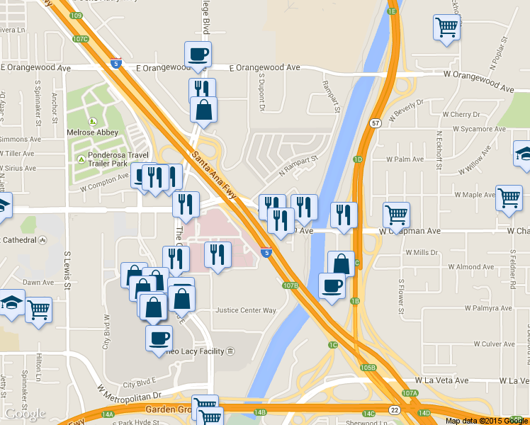 map of restaurants, bars, coffee shops, grocery stores, and more near 3112 West Chapman Avenue in Orange