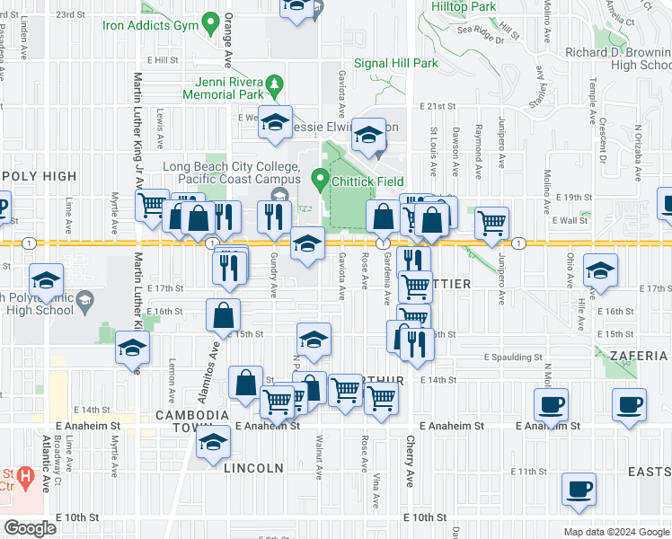 map of restaurants, bars, coffee shops, grocery stores, and more near 1737 Gaviota Avenue in Long Beach