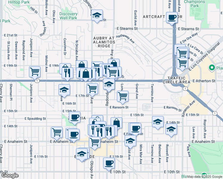 map of restaurants, bars, coffee shops, grocery stores, and more near 1750 Redondo Avenue in Long Beach