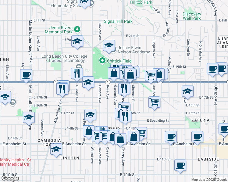 map of restaurants, bars, coffee shops, grocery stores, and more near 1751 Gardenia Avenue in Long Beach