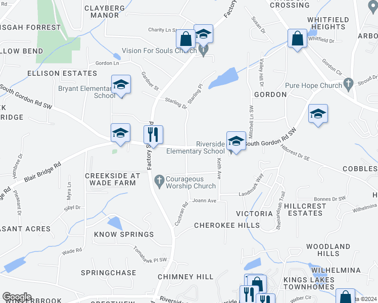 map of restaurants, bars, coffee shops, grocery stores, and more near 597 South Gordon Road Southwest in Mableton