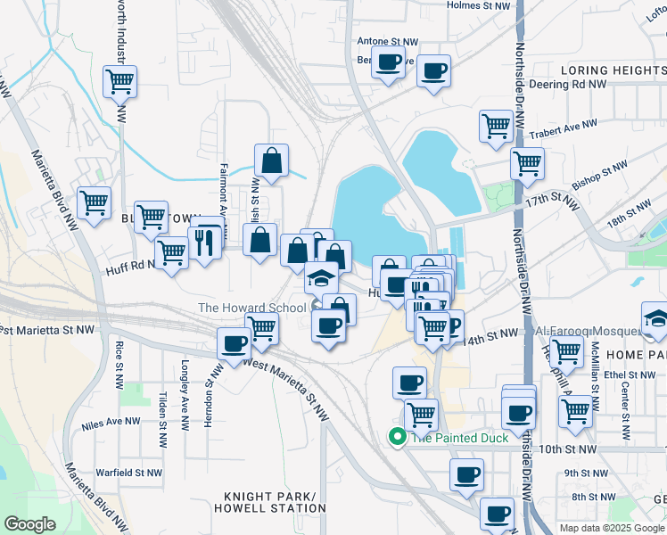 map of restaurants, bars, coffee shops, grocery stores, and more near 903 Huff Road Northwest in Atlanta