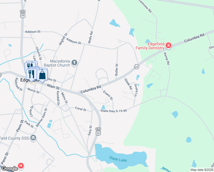 map of restaurants, bars, coffee shops, grocery stores, and more near 404 Columbia Road in Edgefield