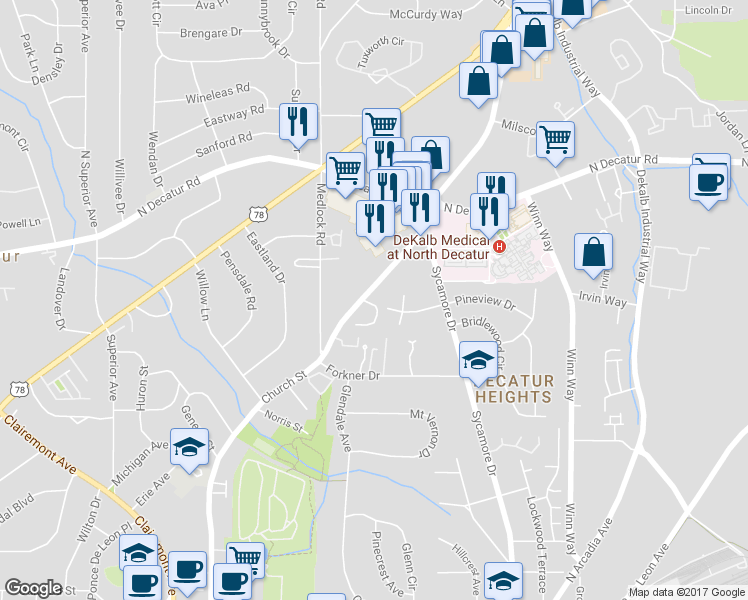 map of restaurants, bars, coffee shops, grocery stores, and more near 2456 Manor Walk in Decatur