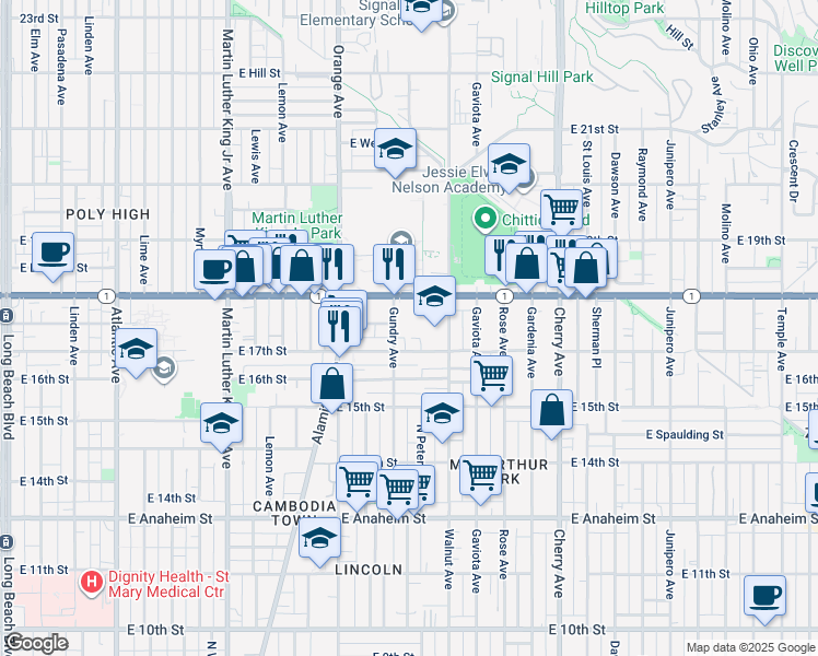 map of restaurants, bars, coffee shops, grocery stores, and more near 1424 East Esther Street in Long Beach