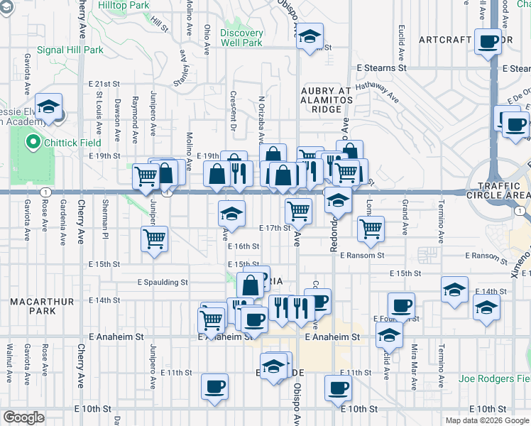 map of restaurants, bars, coffee shops, grocery stores, and more near 1740 Orizaba Avenue in Long Beach