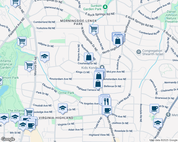 map of restaurants, bars, coffee shops, grocery stores, and more near 904 Kings Court Northeast in Atlanta