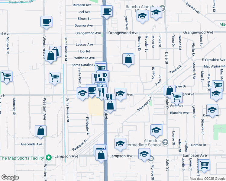 map of restaurants, bars, coffee shops, grocery stores, and more near 8043 Chapman Avenue in Stanton