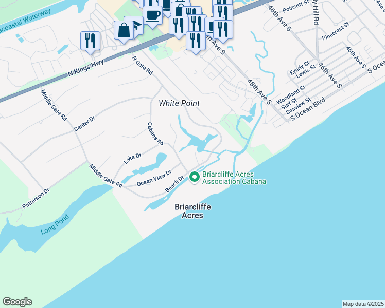 map of restaurants, bars, coffee shops, grocery stores, and more near 162 Palmetto Lane in Myrtle Beach