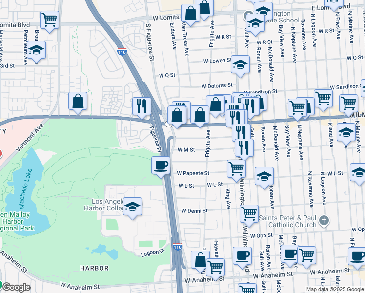 map of restaurants, bars, coffee shops, grocery stores, and more near 1307 West M Street in Los Angeles