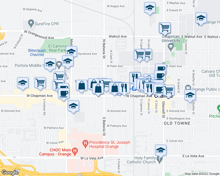 map of restaurants, bars, coffee shops, grocery stores, and more near 744 West Maple Avenue in Orange