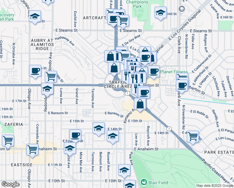 map of restaurants, bars, coffee shops, grocery stores, and more near 4295 Outer Traffic Circle in Long Beach