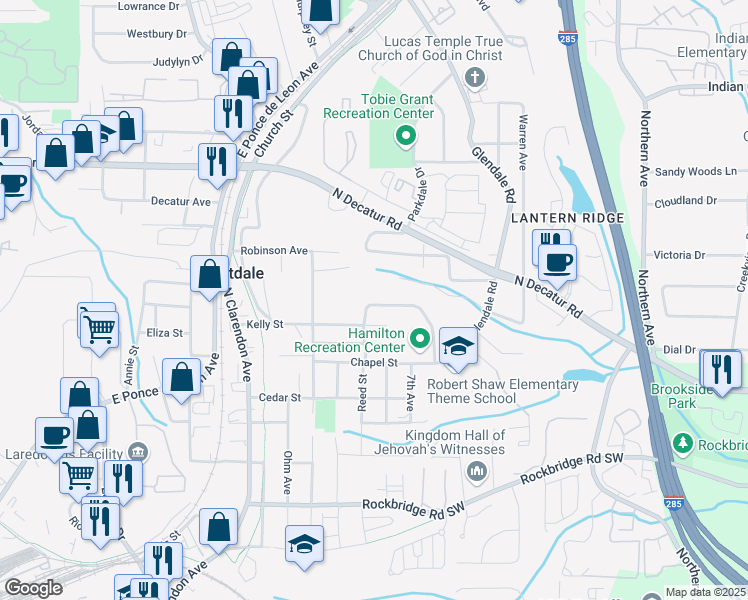 map of restaurants, bars, coffee shops, grocery stores, and more near 3210 Altacrest Drive in Scottdale