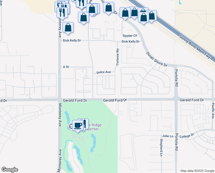 map of restaurants, bars, coffee shops, grocery stores, and more near Sereno Lane in Palm Desert