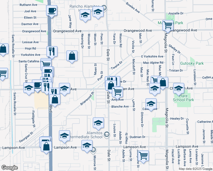 map of restaurants, bars, coffee shops, grocery stores, and more near in Stanton