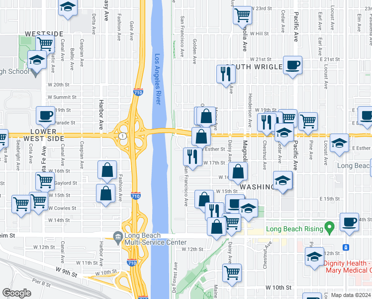 map of restaurants, bars, coffee shops, grocery stores, and more near 900 W Esther St in Long Beach