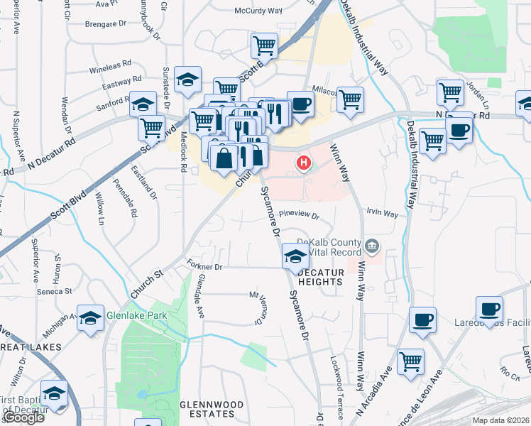 map of restaurants, bars, coffee shops, grocery stores, and more near 2550 Pineview Drive in Decatur